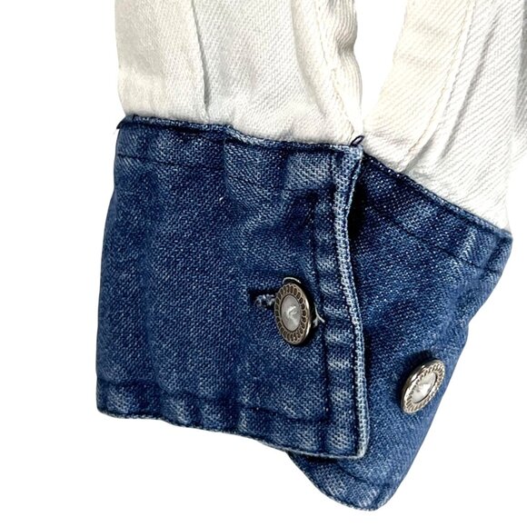 Vtg Wrangler Western Wear Denim Shirt White Blue Cowgirl Rodeo Zig Zag Plaid Lg - Picture 9 of 13